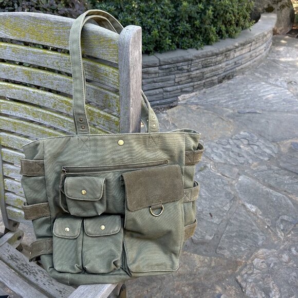 Levenger Army Green Canvas Suede Leather Tote Shoulder Laptop Bag - Picture 7 of 10